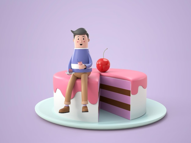 ケーキのレンダリングに座っている3Dイラストキャラクター若い男