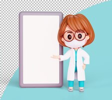 Illustrazione 3d personaggio dei cartoni animati del medico donna carino in piedi con lo spazio per la copia della presentazione dello smartphone banner medico e sanitario