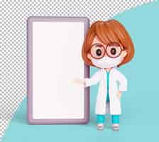 PSD gratuito illustrazione 3d personaggio dei cartoni animati del medico donna carino in piedi con lo spazio per la copia della presentazione dello smartphone banner medico e sanitario