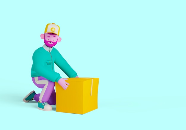 3d illustration of delivery man character handling box