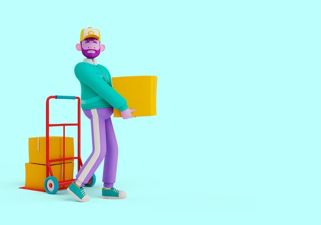 3d illustration of delivery man character handling boxes