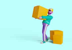 Free PSD 3d illustration of delivery man character handling boxes