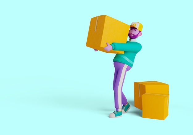 3d illustration of delivery man character handling boxes