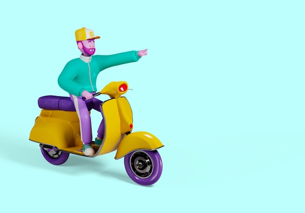 Illustrazione 3d del carattere dell'uomo di consegna che punta sullo scooter