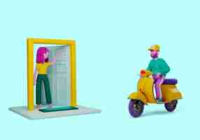 Free PSD 3d illustration of delivery man character on scooter with woman waving