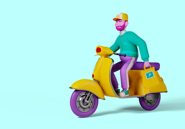 Illustrazione 3d del carattere dell'uomo di consegna sullo scooter