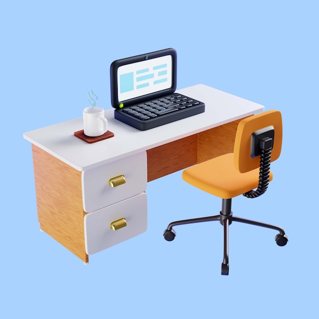 3d illustration of desk with laptop and mug