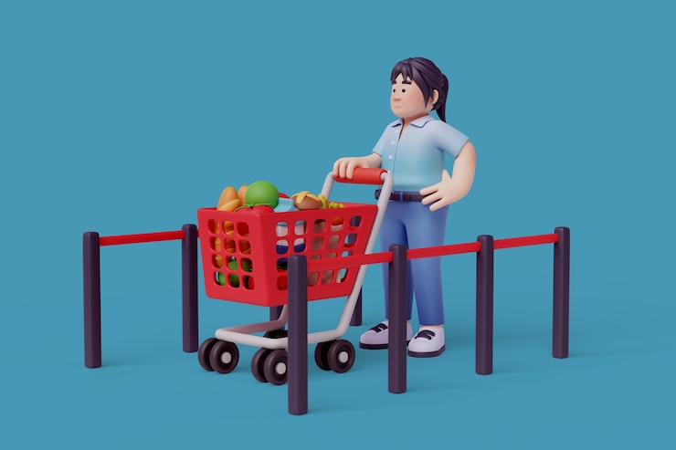 무료 PSD 식료품 가게 에서 여성 캐릭터 의 3d 일러스트레이션