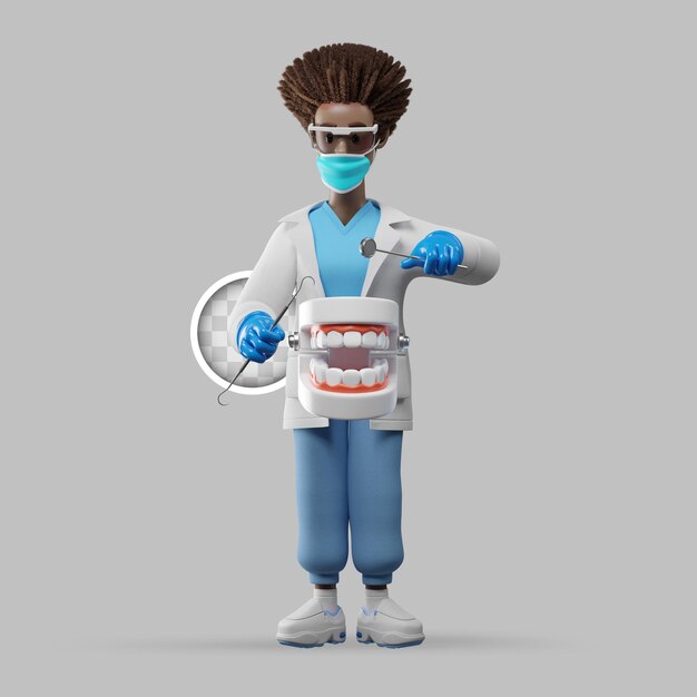 3D иллюстрация женщина-врач проверяет зубы