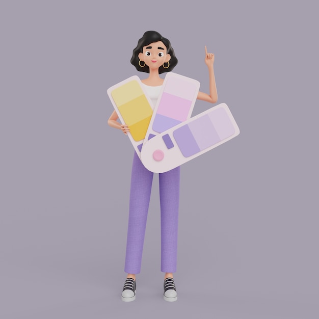 Illustrazione 3d del personaggio grafico femminile che tiene le tavolozze dei colori