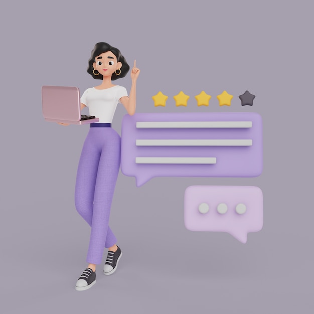 Free PSD 3d illustration of female graphic designer character holding laptop with chat bubbles