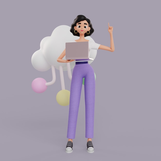 ノートパソコンで作業している女性のグラフィックデザイナーのキャラクターの3dイラスト