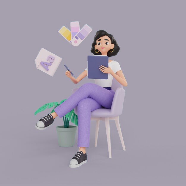 3d illustration of female graphic designer character working on tablet