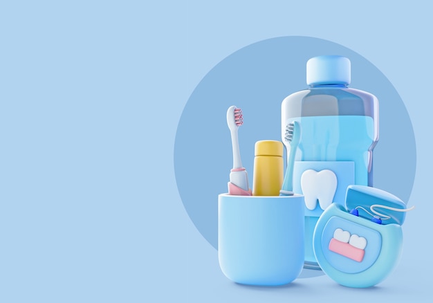 Бесплатный PSD 3d иллюстрация для стоматолога с жидкостью для полоскания рта и зубной щеткой
