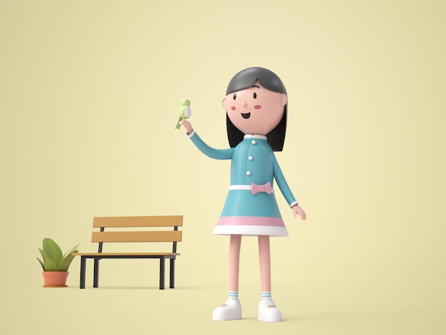 3d illustration little girl feels happy in park rendering