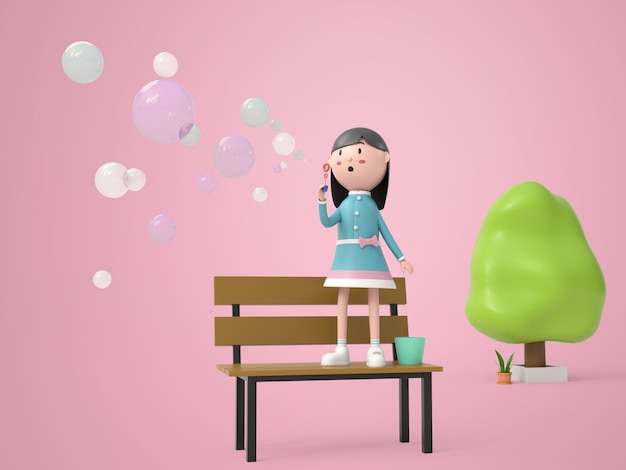 Free PSD 3d illustration little girl feels happy in park rendering