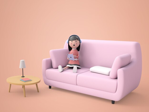 3D illustration lovely girl listening music on sofa rendering