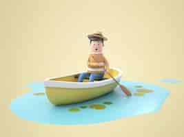 Free PSD 3d illustration man rowing a boat rendering