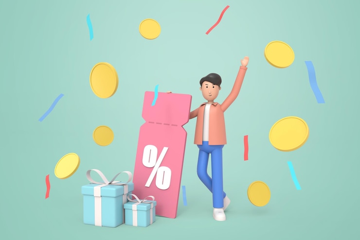Free PSD 3d illustration of man with discount tag coin gift box