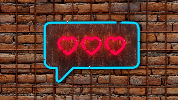 3d illustration of neon chat bubble on brick wall with hearts