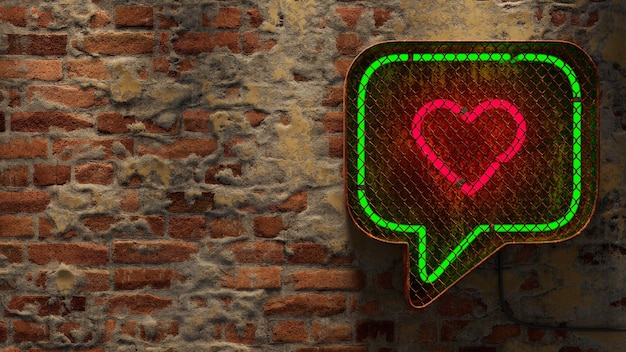 PSD gratuito illustrazione 3d della bolla di chat al neon con il cuore sul muro di mattoni e lo spazio della copia
