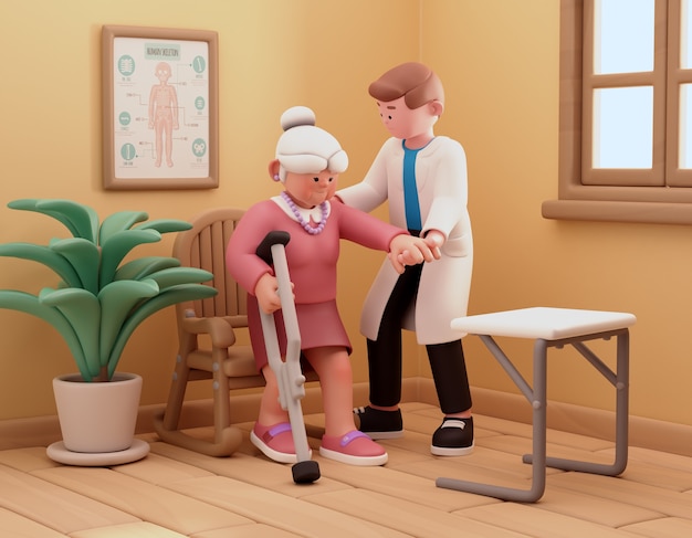 3d illustration for nursing home with woman and crutch