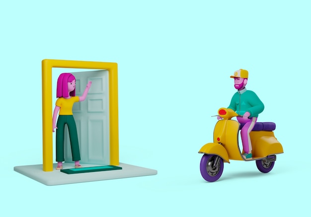 Бесплатный PSD 3d иллюстрация персонажа доставщика на скутере с машущей женщиной