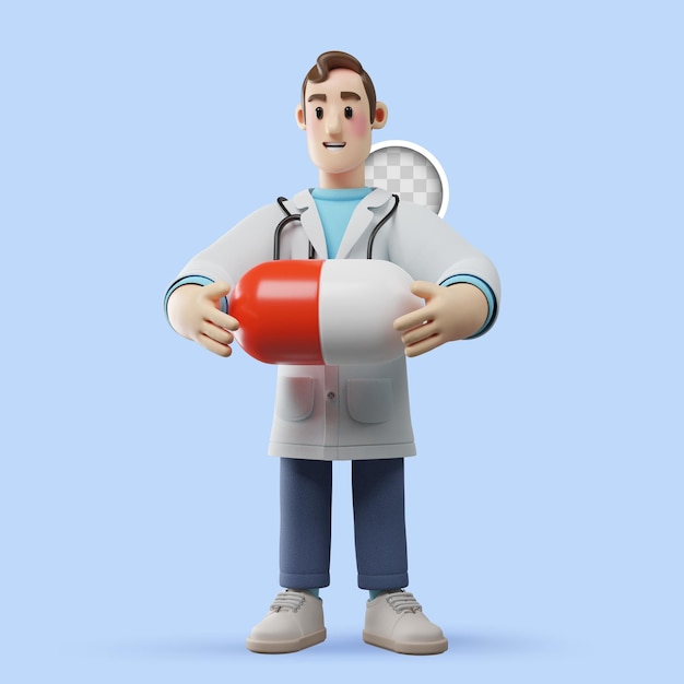 Бесплатный PSD 3d иллюстрация врача с таблеткой
