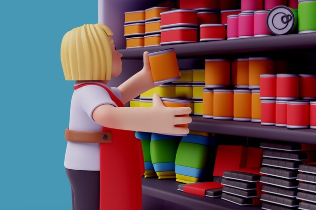 3D иллюстрация женского персонажа в продуктовом магазине