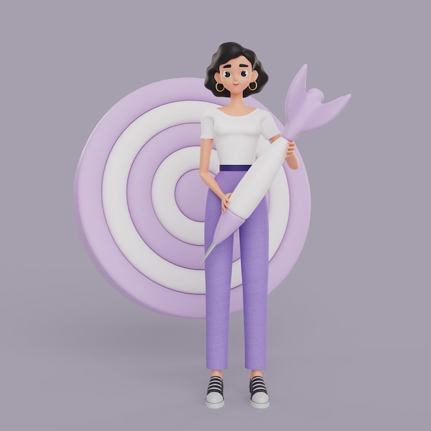 無料PSD ターゲットとダーツを保持している女性のグラフィックデザイナーのキャラクターの3dイラスト