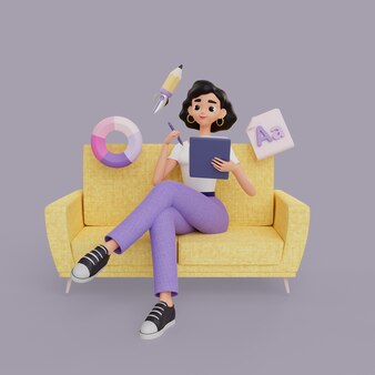소파에 태블릿이 있는 여성 그래픽 디자이너 캐릭터의 3d 그림