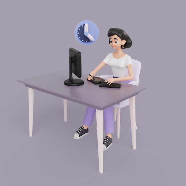 無料PSD 机の上で働く女性のグラフィックデザイナーのキャラクターの3dイラスト