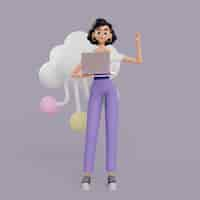 無料PSD ノートパソコンで作業している女性のグラフィックデザイナーのキャラクターの3dイラスト