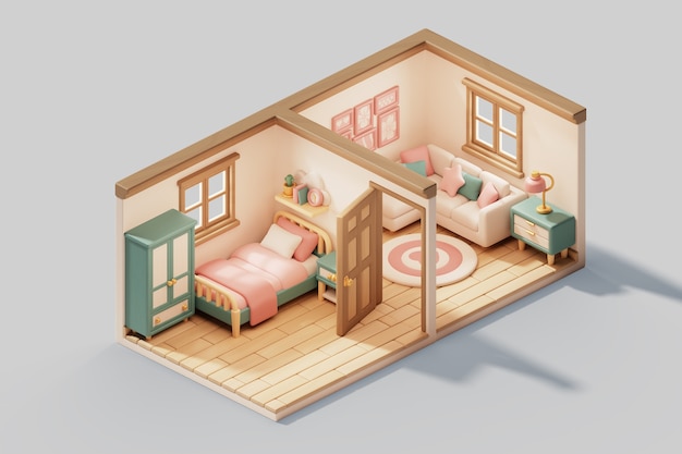 Бесплатный PSD 3d иллюстрация изометрической комнаты