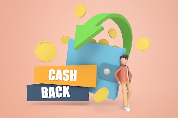 Free PSD 3d illustration of online shopping cash back sale offer emblem