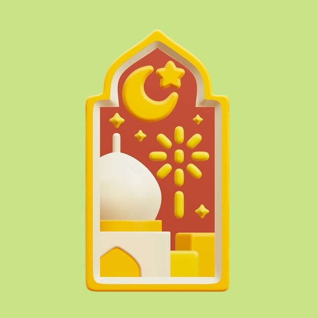 3d иллюстрация окна рамадана с полумесяцем