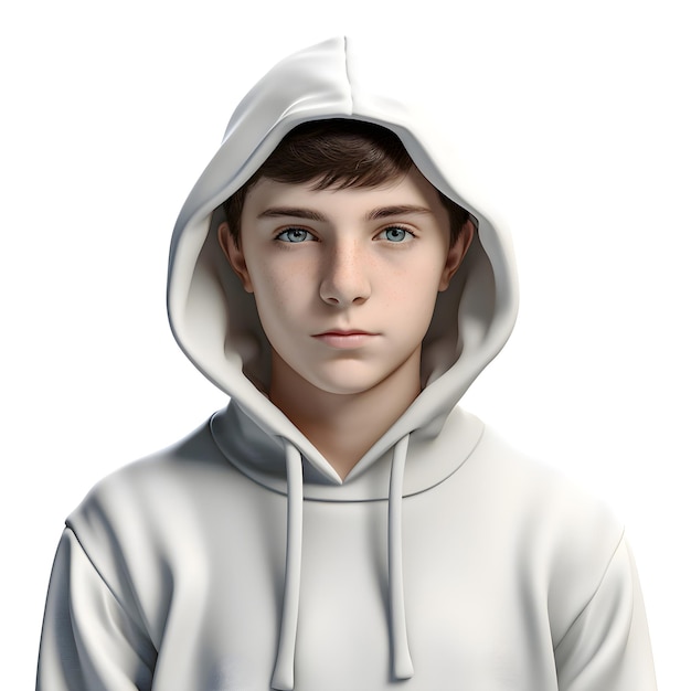 PSD gratuito illustrazione 3d di un adolescente con un cappuccio bianco su uno sfondo bianco