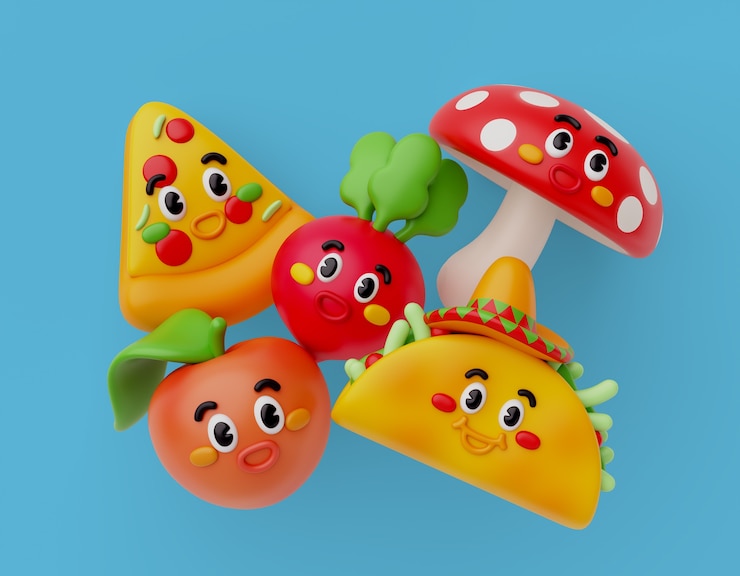 Бесплатный PSD 3d-иллюстрация с анимационными мультфильмами еда натюрморт