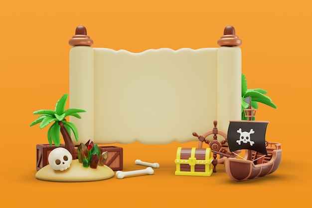 PSD gratuito illustrazione 3d con banner di vendita di pirati vuoti