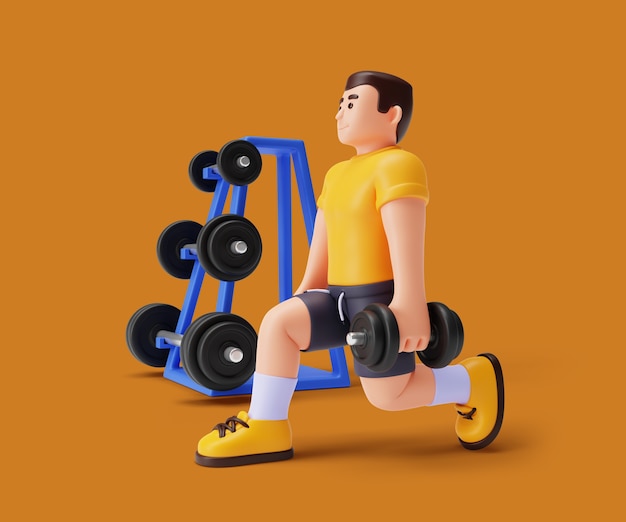 Illustrazione 3d con personaggio di personal trainer in palestra