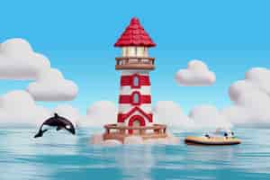 PSD gratuito illustrazione 3d con paesaggio acquatico e natura
