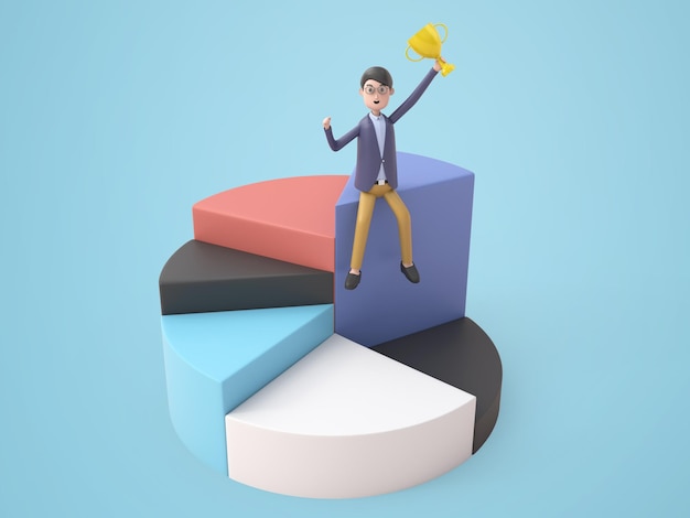 3D illustration young businessman sits holding trophy on hight of pie chart.