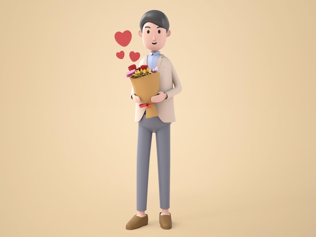 PSD gratuito illustrazione 3d giovane uomo bello con un mazzo di fiori e cuore