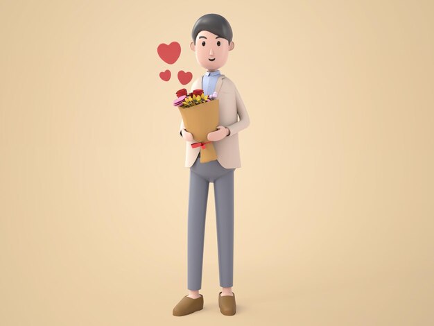3D illustration young Handsome Man with a bouquet of flower and heart