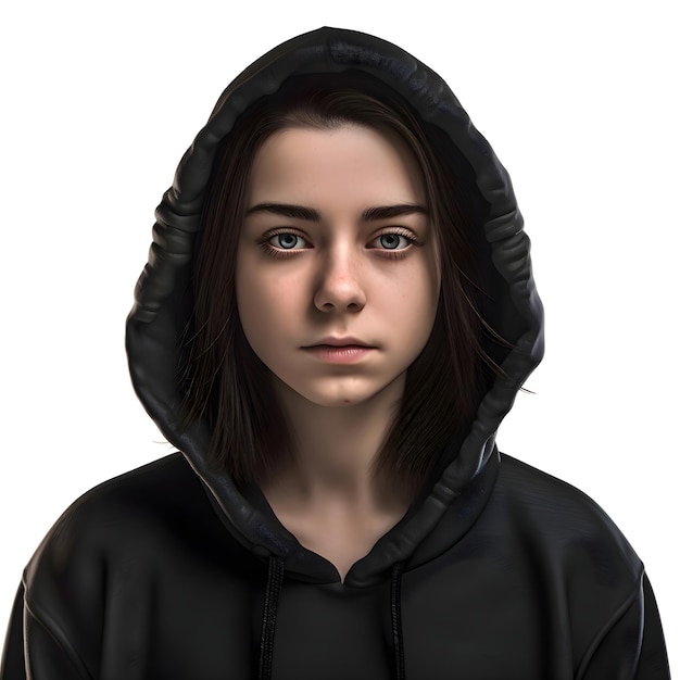 Free PSD 3d illustration of a young woman in a black hooded jacket