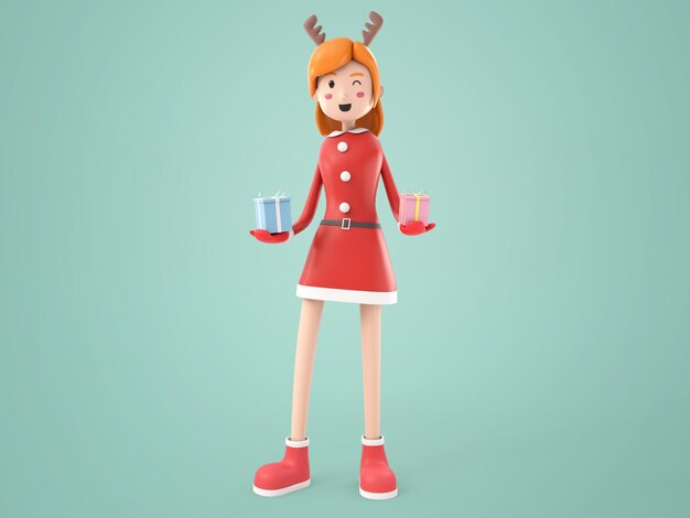 3D illustration young woman in red santy costume with deer antler headband and holding gift box in hands on christmas and new year day