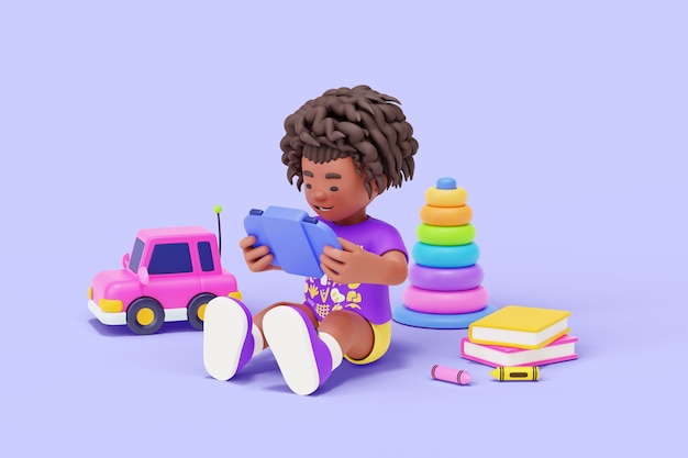 3d kindergarten character playing with toys