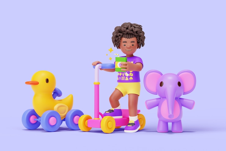 Free PSD 3d kindergarten character playing with toys