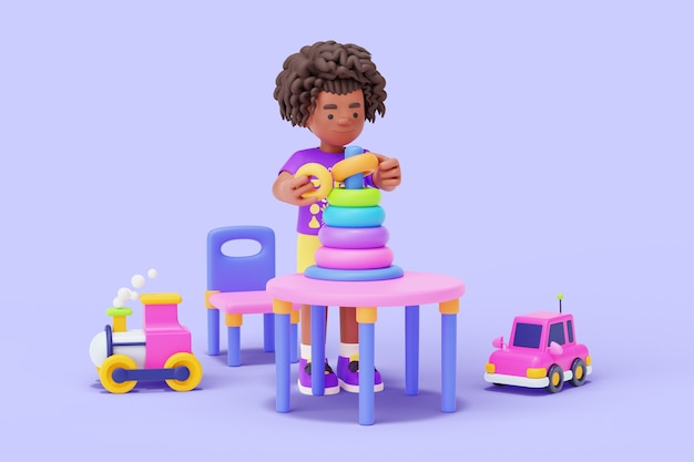 3d kindergarten character playing with toys