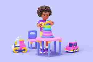 Free PSD 3d kindergarten character playing with toys